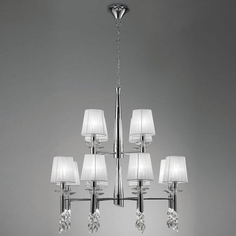 Tiffany Pendelleuchte 12-flammig mit modernem Design und klaren Lampenschirmen aus Textil.