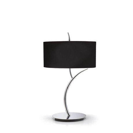 Tischlampe Eve mit runder Form, schwarze Textilshade und metallischer Basis, ideal für Wohnzimmer und Essbereiche.