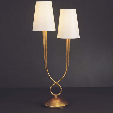 Tischlampe Paola mit zwei Textilschirmen und Metallfuß für modernes Wohndesign.