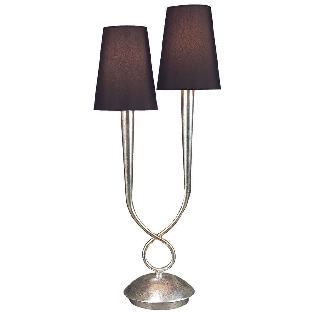Tischlampe Paola mit zwei schwarzen Lampenschirmen und metallischem Fuß.