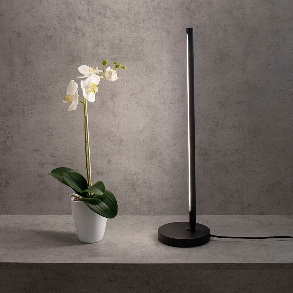 Torch LED-Tischlampe neben einer weißen Orchidee auf einem grauen Tisch