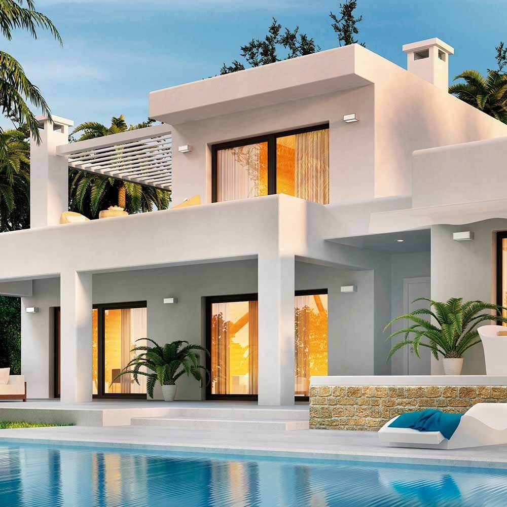 Utah Outdoor Wandlampe an modernem Haus mit Pool und Pflanzen, ideal für Außenbereiche und stilvolle Beleuchtung.