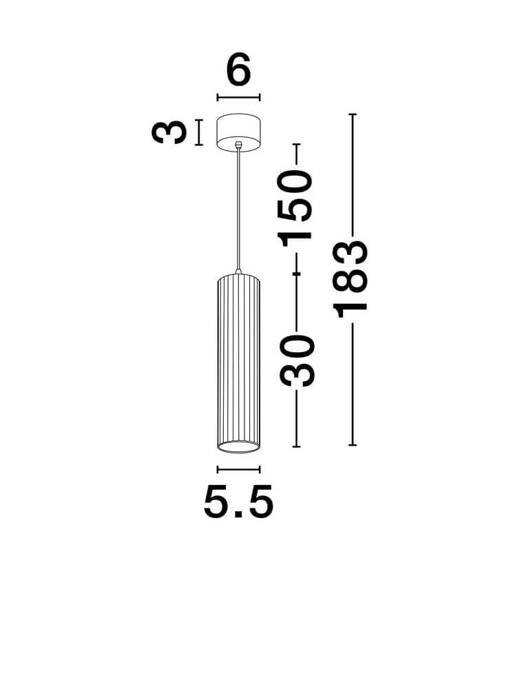 Mare Pendelleuchte mit geriffeltem Design, Durchmesser 5,5 cm, Maße und Details zur Installation.