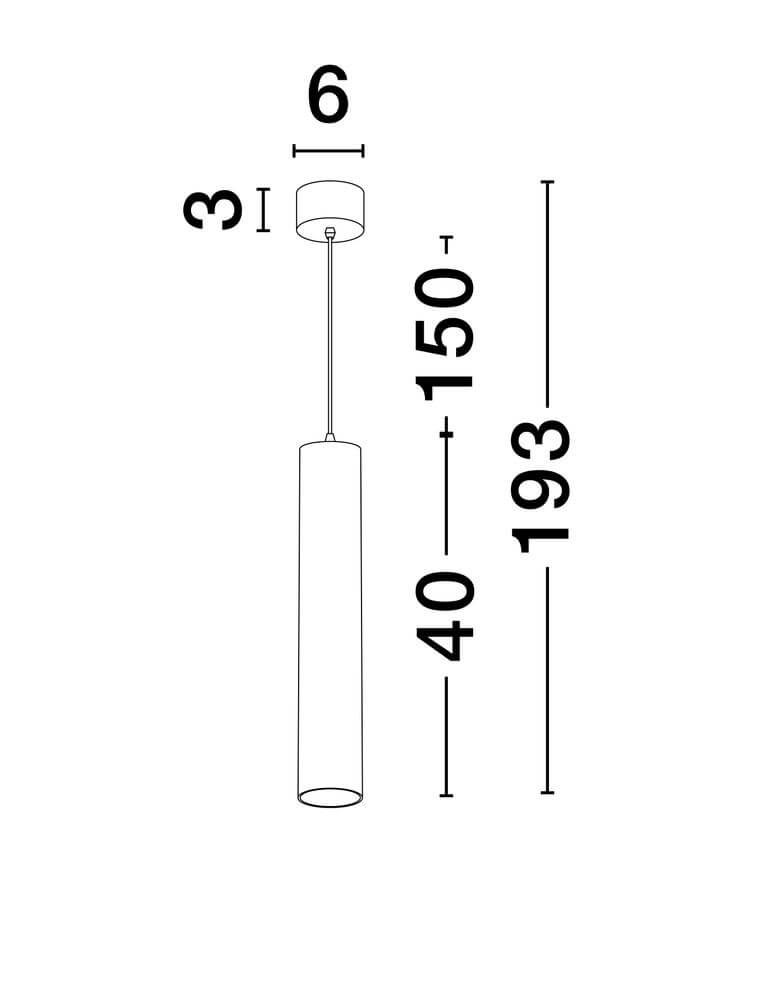 Mare Pendelleuchte Ø 5,5cm Glatt – technische Zeichnung mit Maßen (Gesamthöhe 193 cm, Schirm 40 cm, Deckenrosette 6 cm)