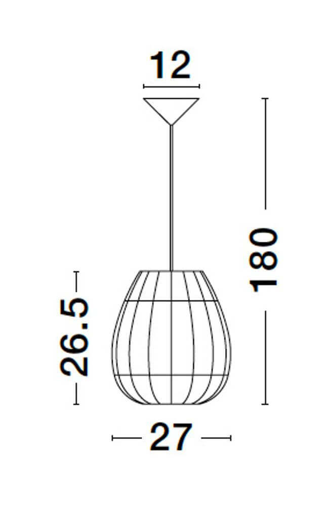 Maßzeichnung der Marlo Pendelleuchte Birne Beige Rattan mit Abmessungen in Zentimetern.