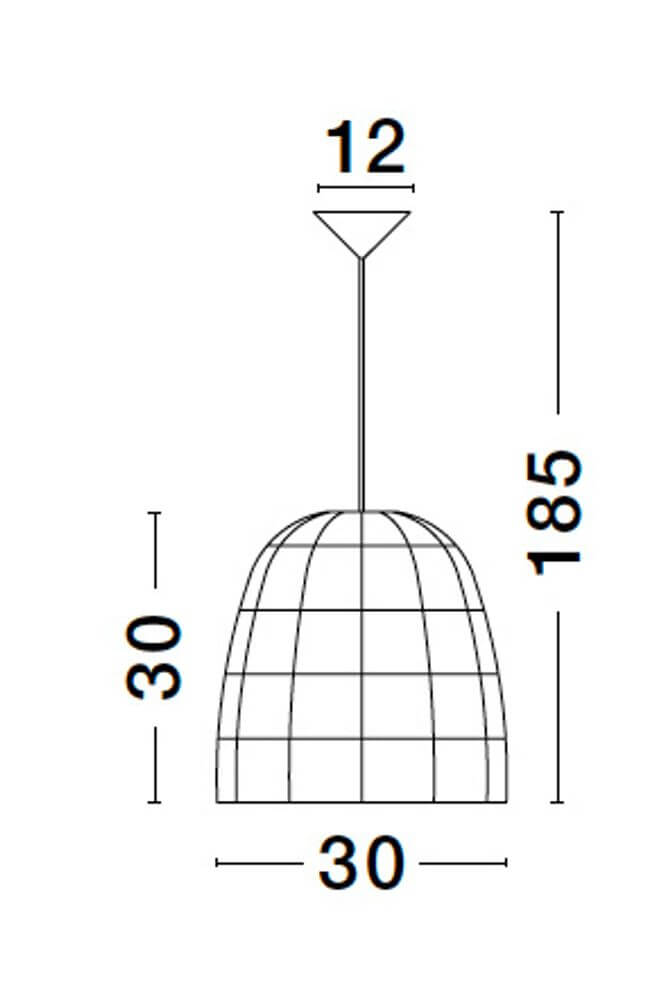 Technische Zeichnung der Marlo Pendelleuchte Glocke Beige Rattan mit Abmessungen und Designdetails.
