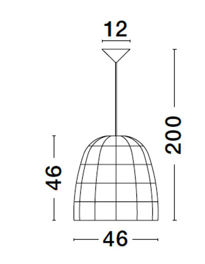 Marlo Pendelleuchte Glocke Beige Rattan - technische Zeichnung mit Maßen 12 cm Breite, 200 cm Höhe.