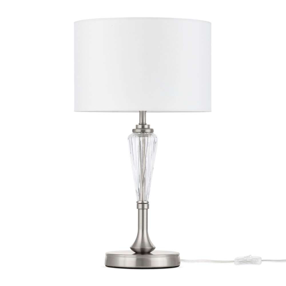 Alicante Tischlampe Glas mit Metallrahmen und dekorativen Glaselementen, stoffbezogener Lampenschirm.