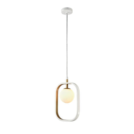 Suspension Avola avec cadre métallique blanc mat et diffuseur en verre, suspendue au plafond.