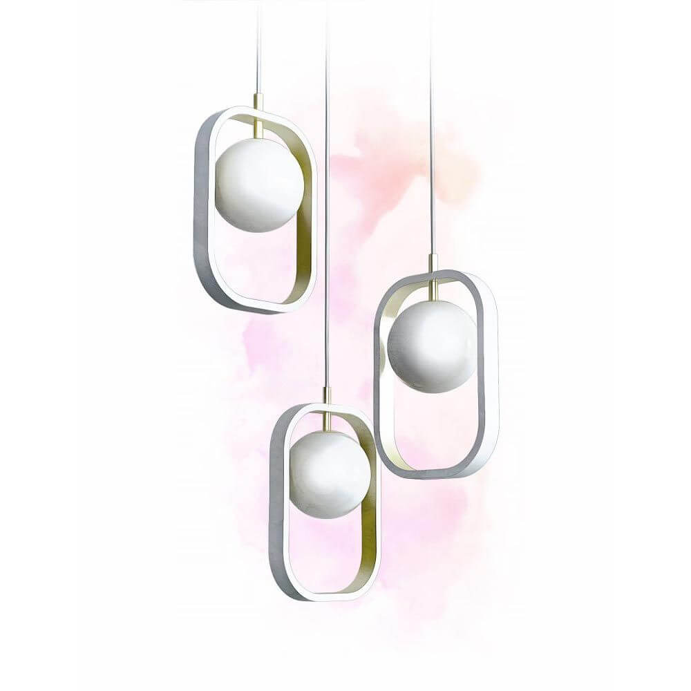 Avola Hängeleuchte mit robustem Metallrahmen in matt weiß und Glasdiffusoren, modernes Design.