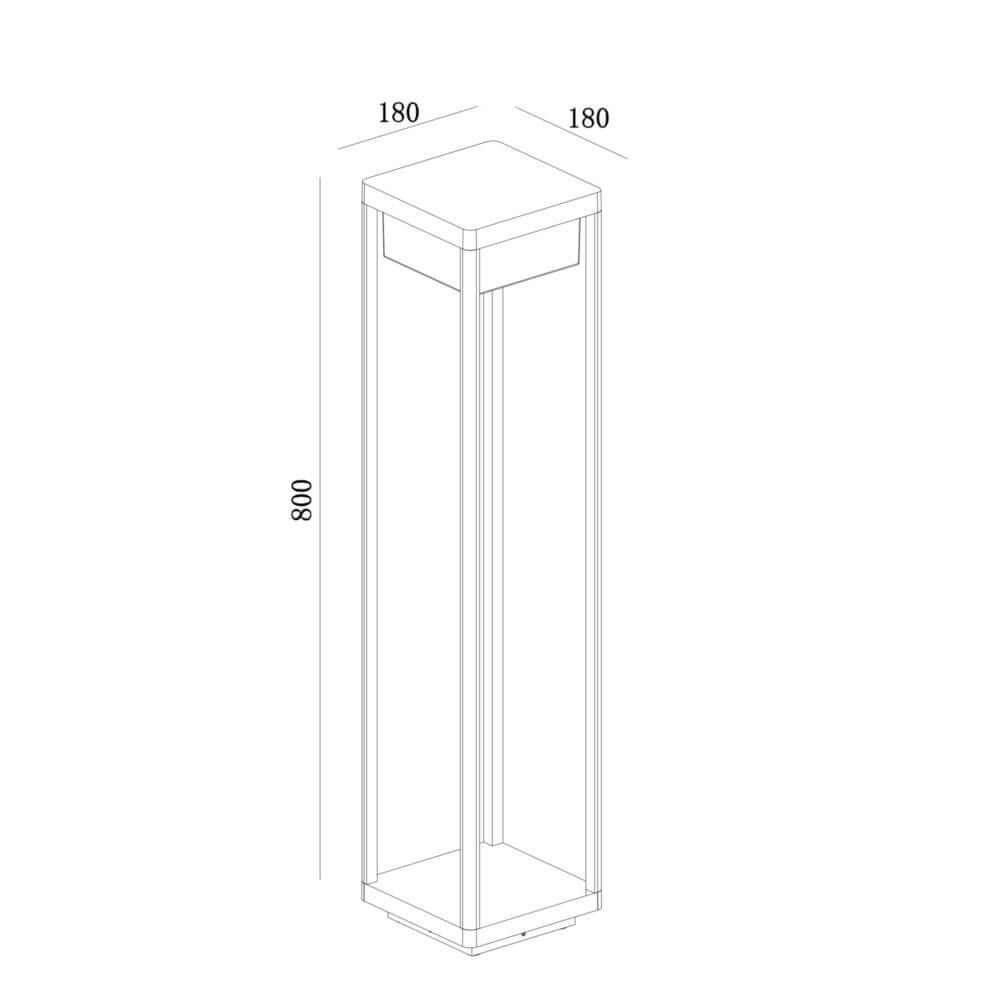 Baker Street LED-Wegleuchte IP65 - technische Zeichnung mit Abmessungen 180x180x800 mm