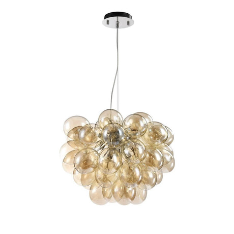 Balbo suspension en verre à 8 lampes avec diffuseurs en verre ronds et corps en métal robuste.