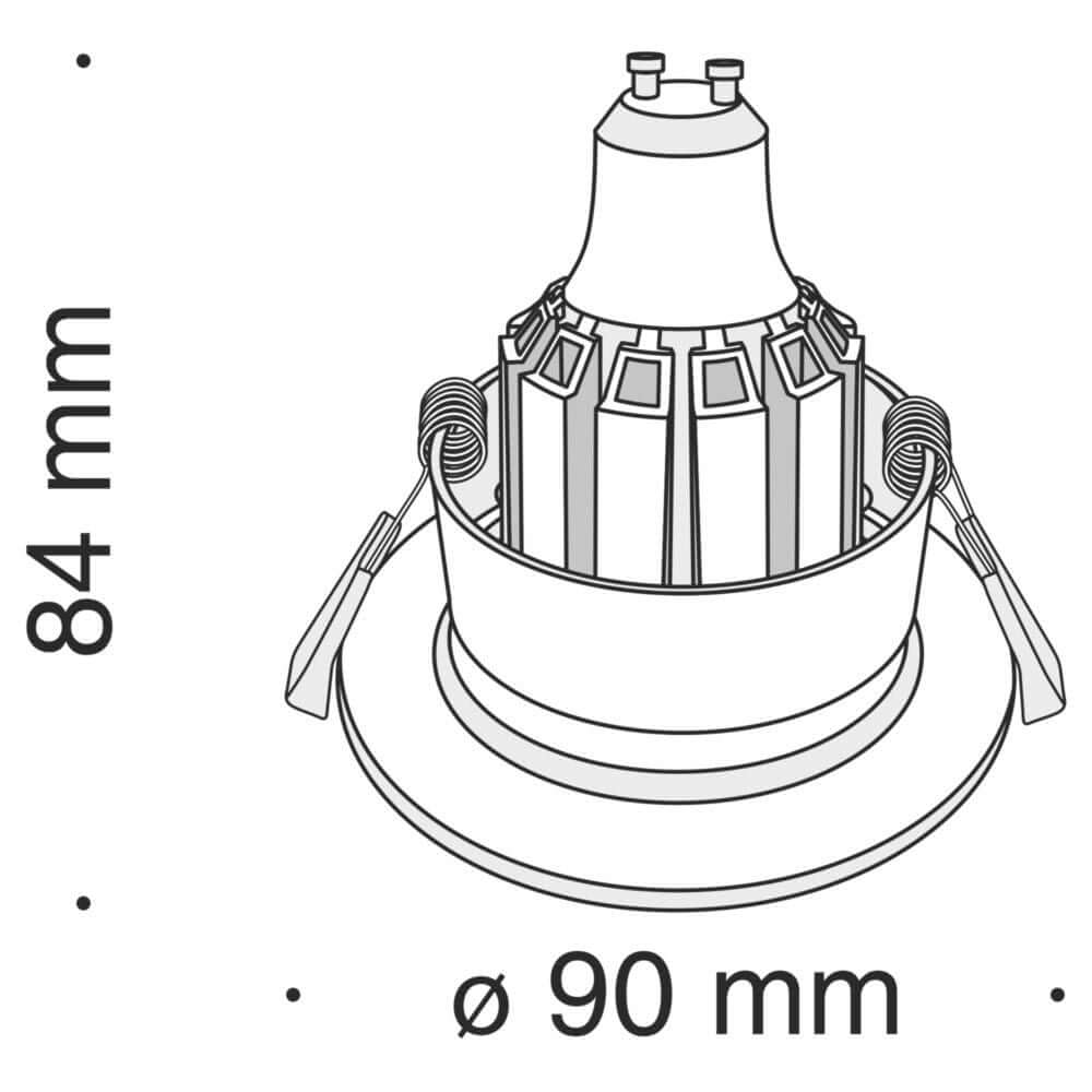 Technische Zeichnung des Barret Einbauspot rund mit Abmessungen 84 mm und 90 mm Durchmesser.
