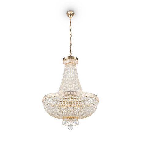 Bella crystal chandelier gold with a gold-plated metal frame and sparkling crystals in various sizes.