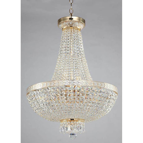 Bella crystal chandelier gold with a gold-plated metal frame and sparkling crystals in various sizes.