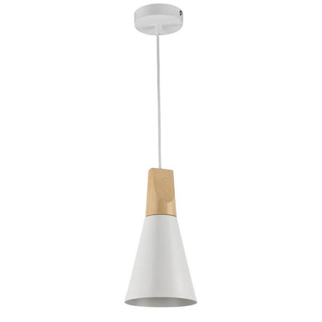 Suspension Bicones Ø 14 cm avec cache-plafond en métal et diffuseur en bois.
