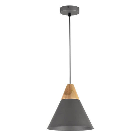 Bicones hængelampe Ø 22cm med metalloft baldakin og dekorativt træelement.