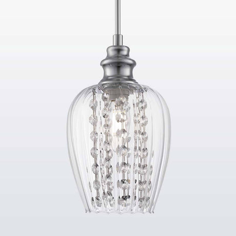 Blues Glas-Pendellampe Ø 14cm mit klaren Glasdiffusoren und Kristallanhängern.