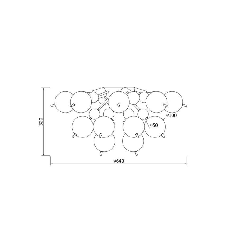 Technische Zeichnung der Bolla Kugel Deckenleuchte mit Abmessungen und Design.