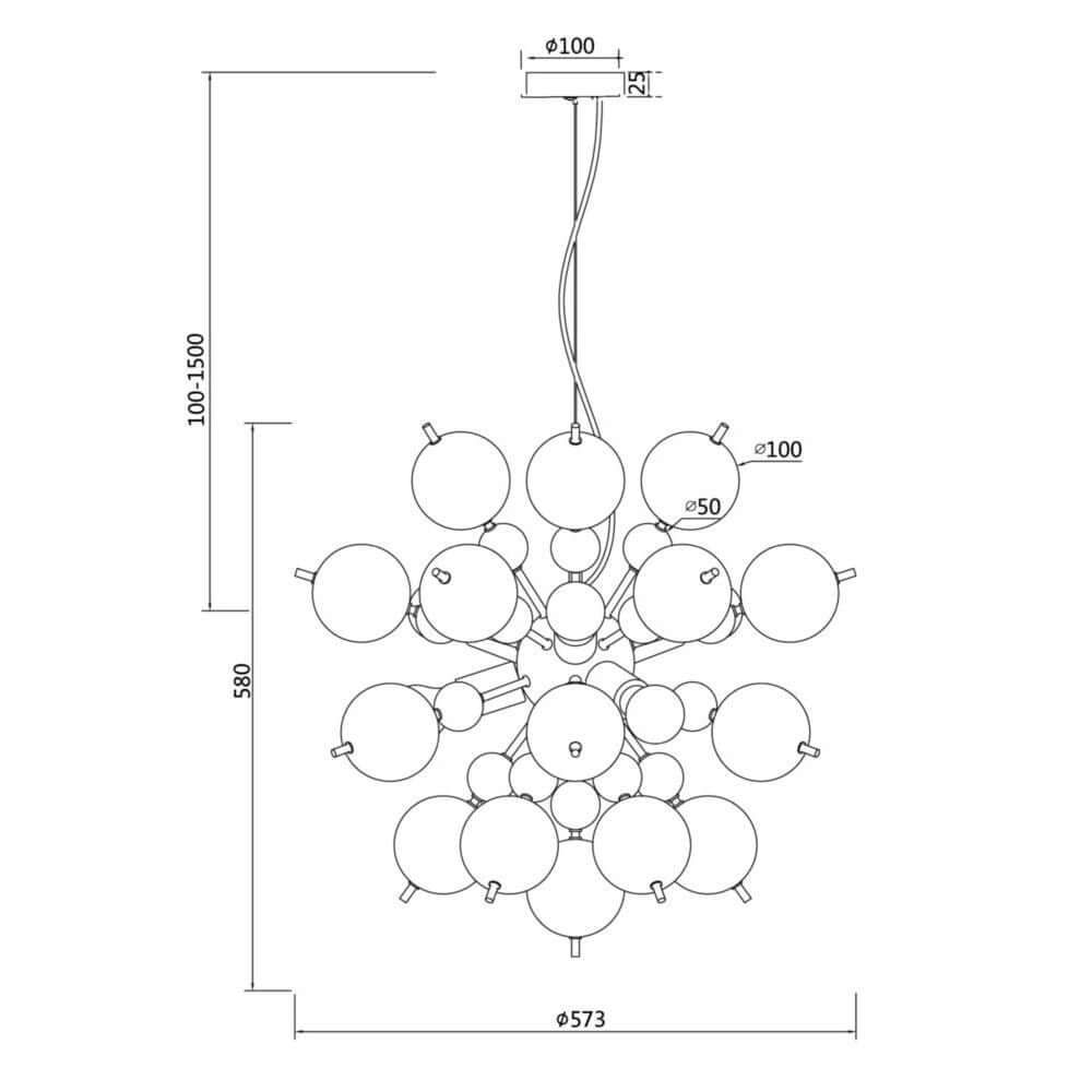 Bolla Pendelleuchte Glaskugeln technische Zeichnung mit Abmessungen und Design.