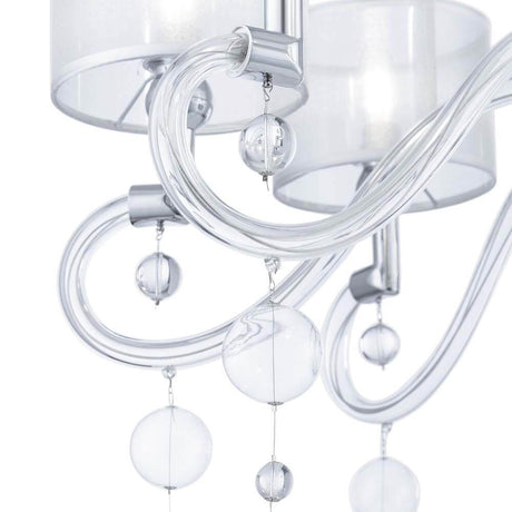 Bubble Dreams Kronleuchter Chrom, Klar mit transparenten Stoffschirmen und gläsernen Armen.