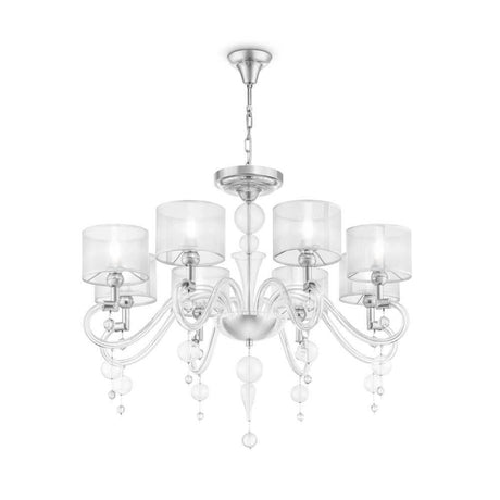 Bubble Dreams Kronleuchter Chrom, Klar mit transparenten Stoffschirmen und Glasdesign.