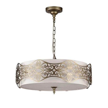 Burgeon Pendelleuchte Bronze mit metallischem Schablonendekor und Stoffbezug für stilvolle Beleuchtung.