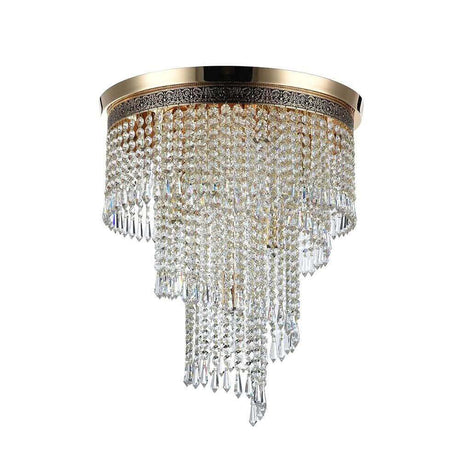 Cascade crystal chandelier with round metal frame and delicate crystal pendants.
