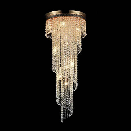 Lustre en cristal Cascade en doré antique avec des cristaux scintillants.