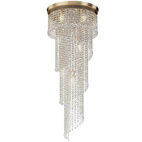 Lustre en cristal Cascade avec cadre métallique doré antique et pendentifs en cristal scintillants.