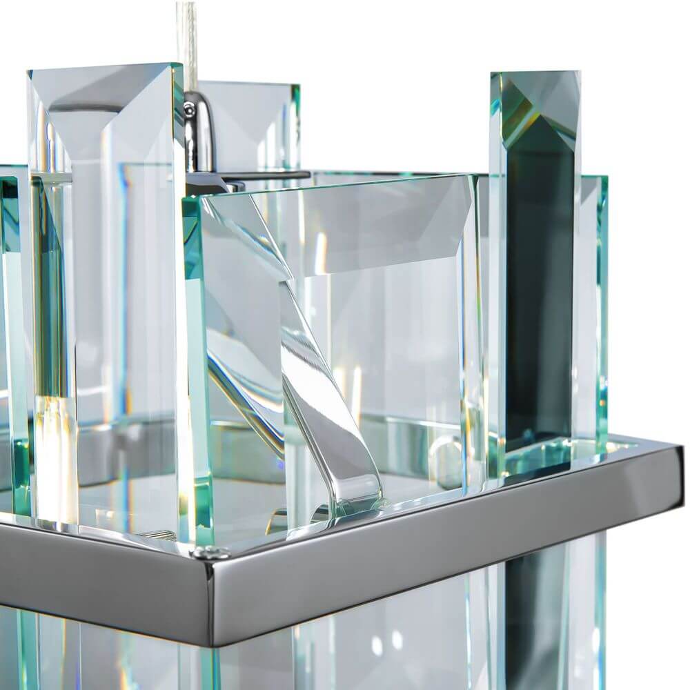 Cerezo Glas-Pendelleuchte Eckig mit modernem Glasdesign und Metallrahmen.