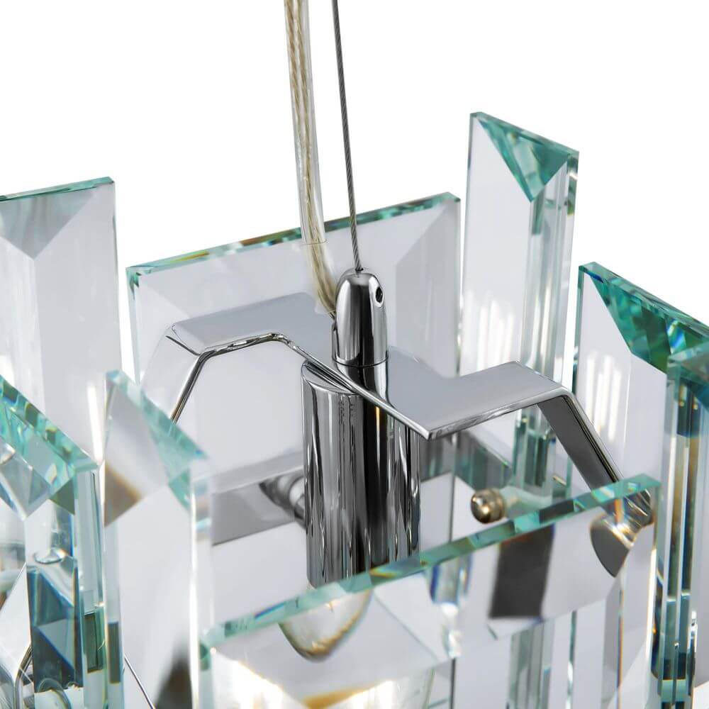 Cerezo Glas-Pendelleuchte Eckig mit Metallrahmen und Glasplatten, moderne Beleuchtung für stilvolle Räume.