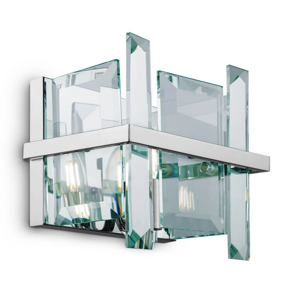 Cerezo Glas-Wandleuchte mit modernem Design, Metallrahmen und miteinander verbundenen Glasplatten.
