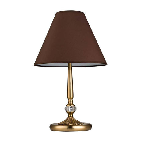 Chester bordlampe med metalramme og brun stofskærm, messingfinish ideel til stilfuldt interiør.