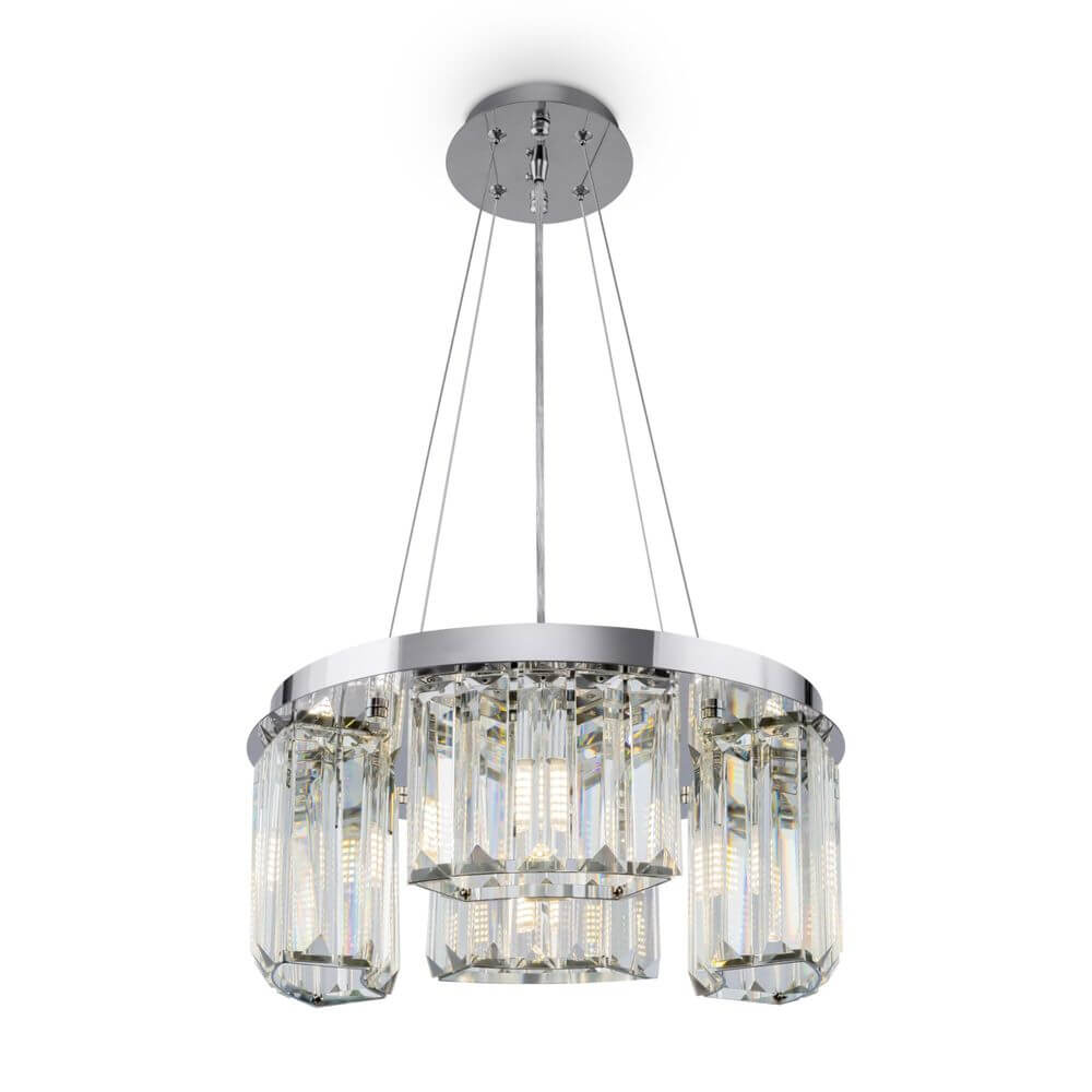 Colline Glas-Pendelleuchte 4-flammig mit glanzpolierten Glaselementen und asymmetrischem Design.