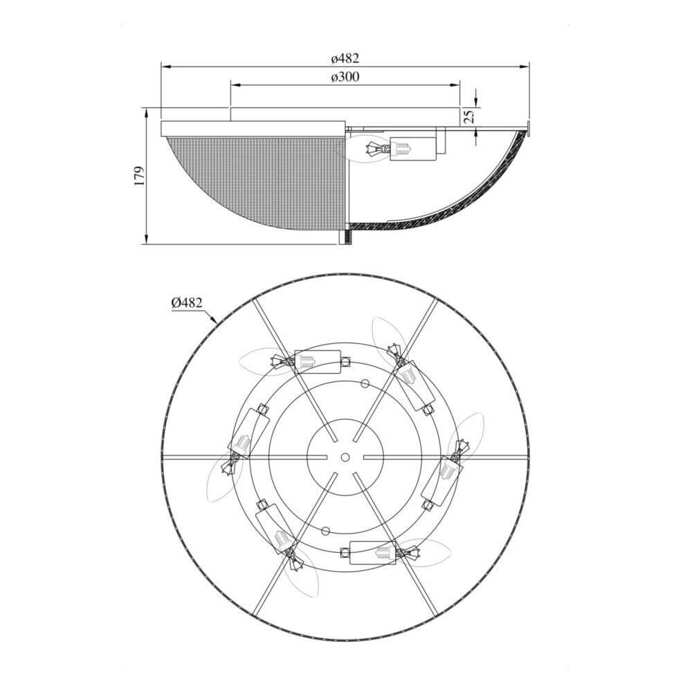 Technische Zeichnung der Coupe 6-flammige Deckenlampe aus Glas mit Maßen und Details der Leuchte.