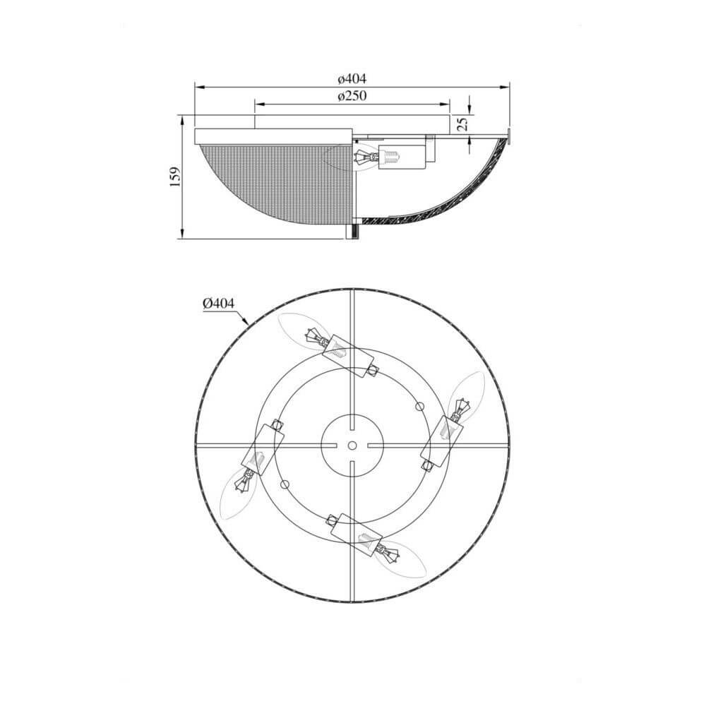 Technische Zeichnung der Coupe Deckenlampe mit strukturiertem Glas, Maße und Komponenten.