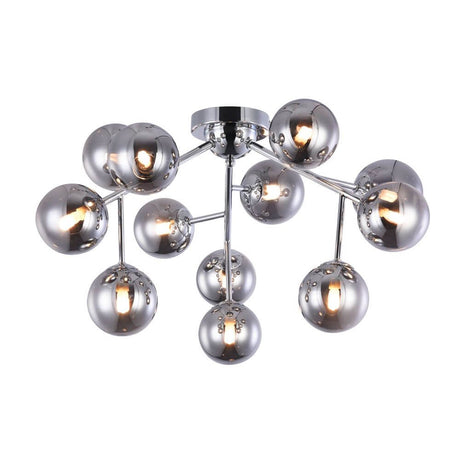 Dallas 12-light glass globe ceiling light with a chrome-colored metal frame and round glass globes.