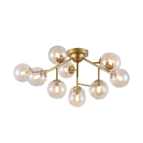 Dallas 12-light glass globe ceiling light with a gold-colored metal frame and round glass diffusers.
