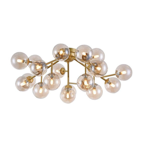 Plafonnier Dallas à 20 lumières avec boules en verre au design moderne, cadre métallique doré et diffuseurs ronds en verre.
