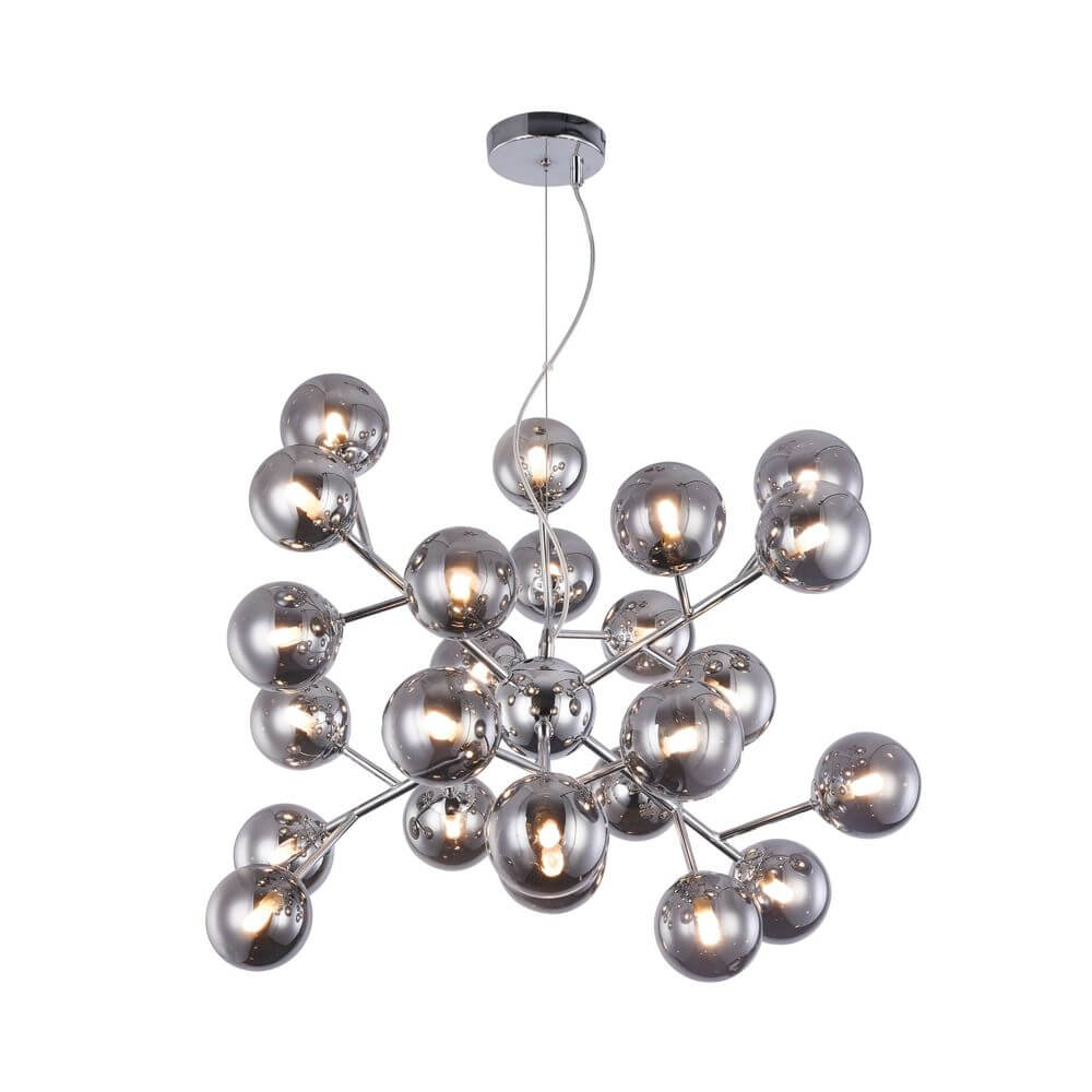 Dallas Hängeleuchte 24-flammig aus Metall in Chrom mit runden Glasdiffusoren für modernes Design.