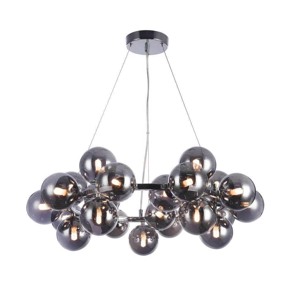 Dallas Hängeleuchte 25-flammig rund aus Chrom mit runden Glasdiffusoren für modernes Design.