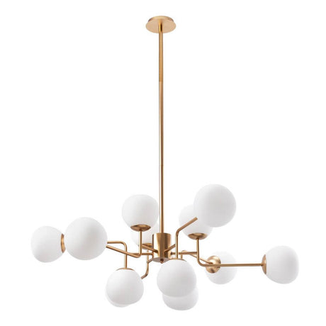 Erich 12-flammiger Kronleuchter mit goldener Stange und matten Glasdiffusoren in modernem Design.