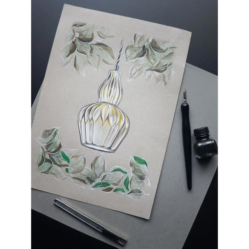 Eustoma Hängeleuchte in einer künstlerischen Darstellung mit Pflanzenmotiven auf Papier.