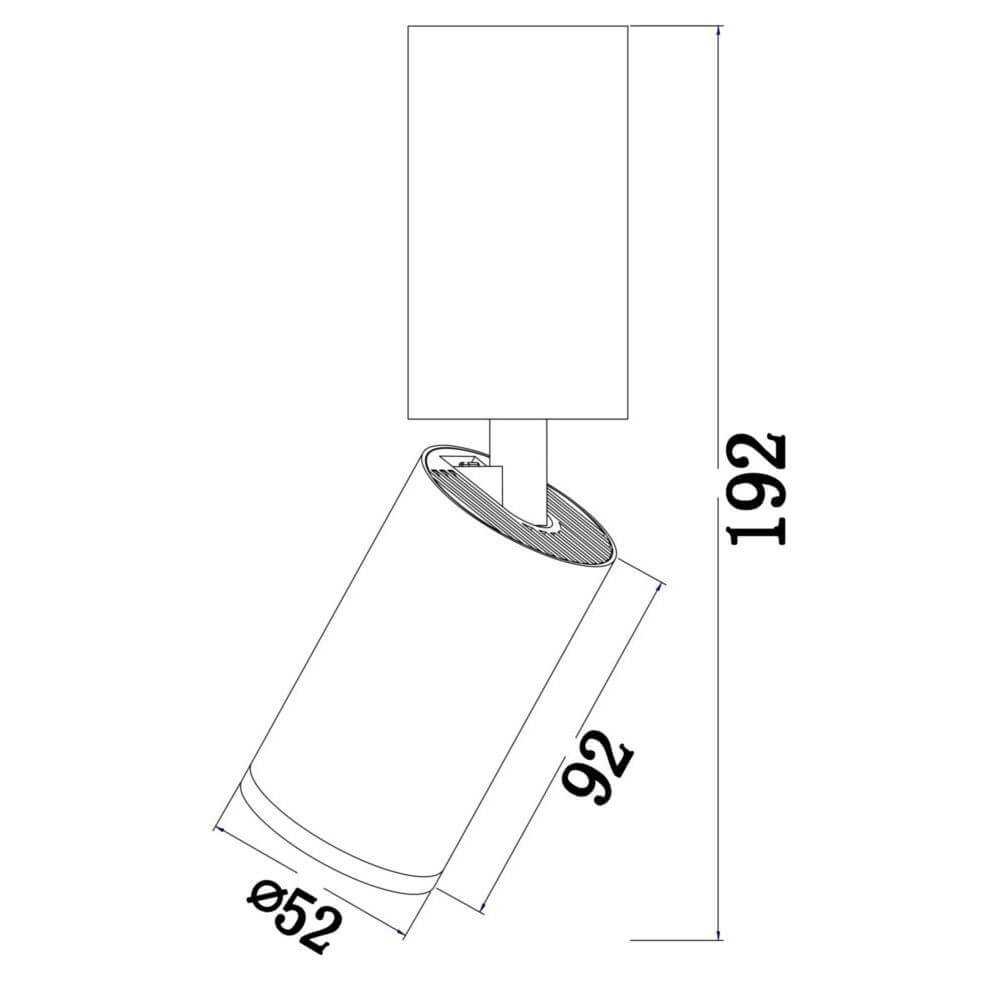 Produktzeichnung des Focus S Deckenstrahler Big mit Abmessungen von 192mm und 52mm Durchmesser.