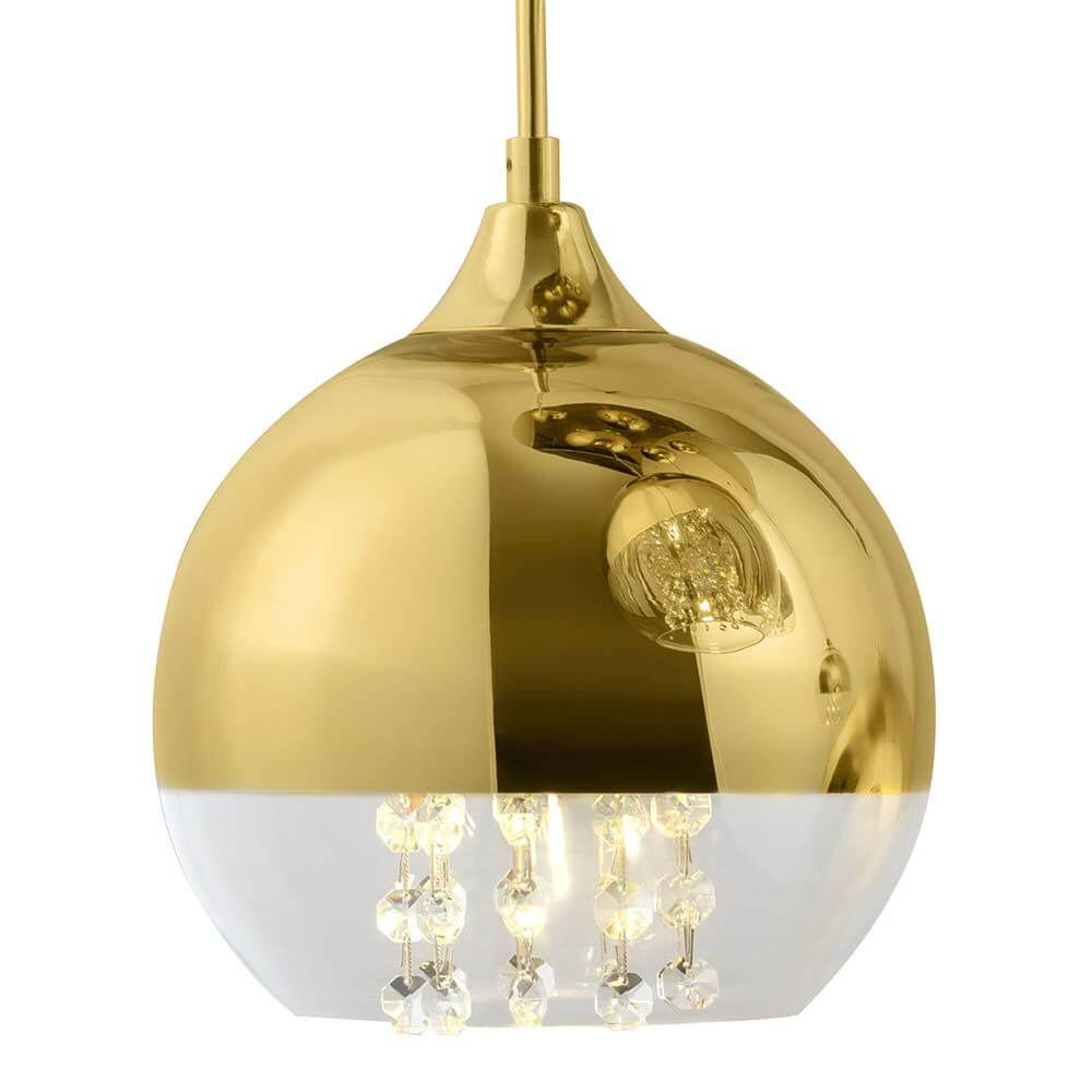Fermi Hängeleuchte 5-flg. Gold mit Metallrahmen, Chrom und Glas, dekorativen Kristallen.