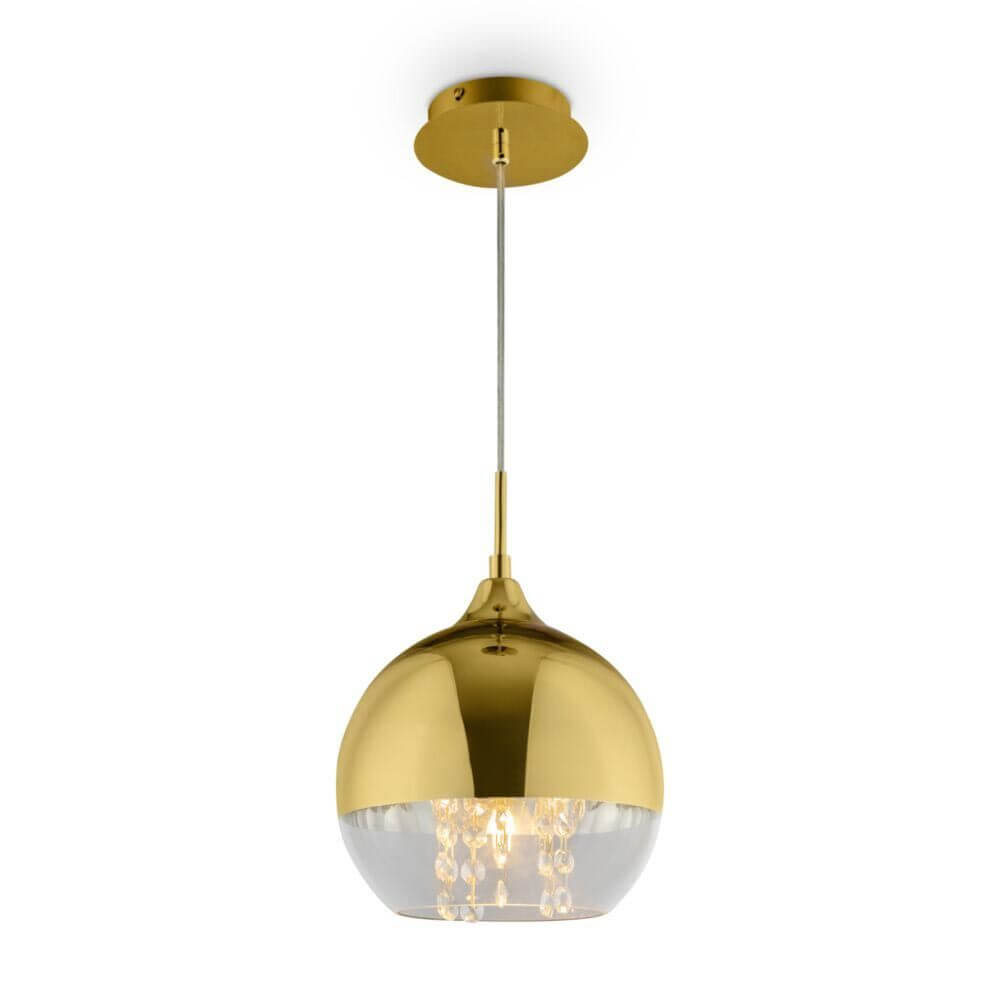 Fermi Pendelleuchte in elegantem Gold mit klarem Glasschirm und dekorativen Ketten im Inneren.