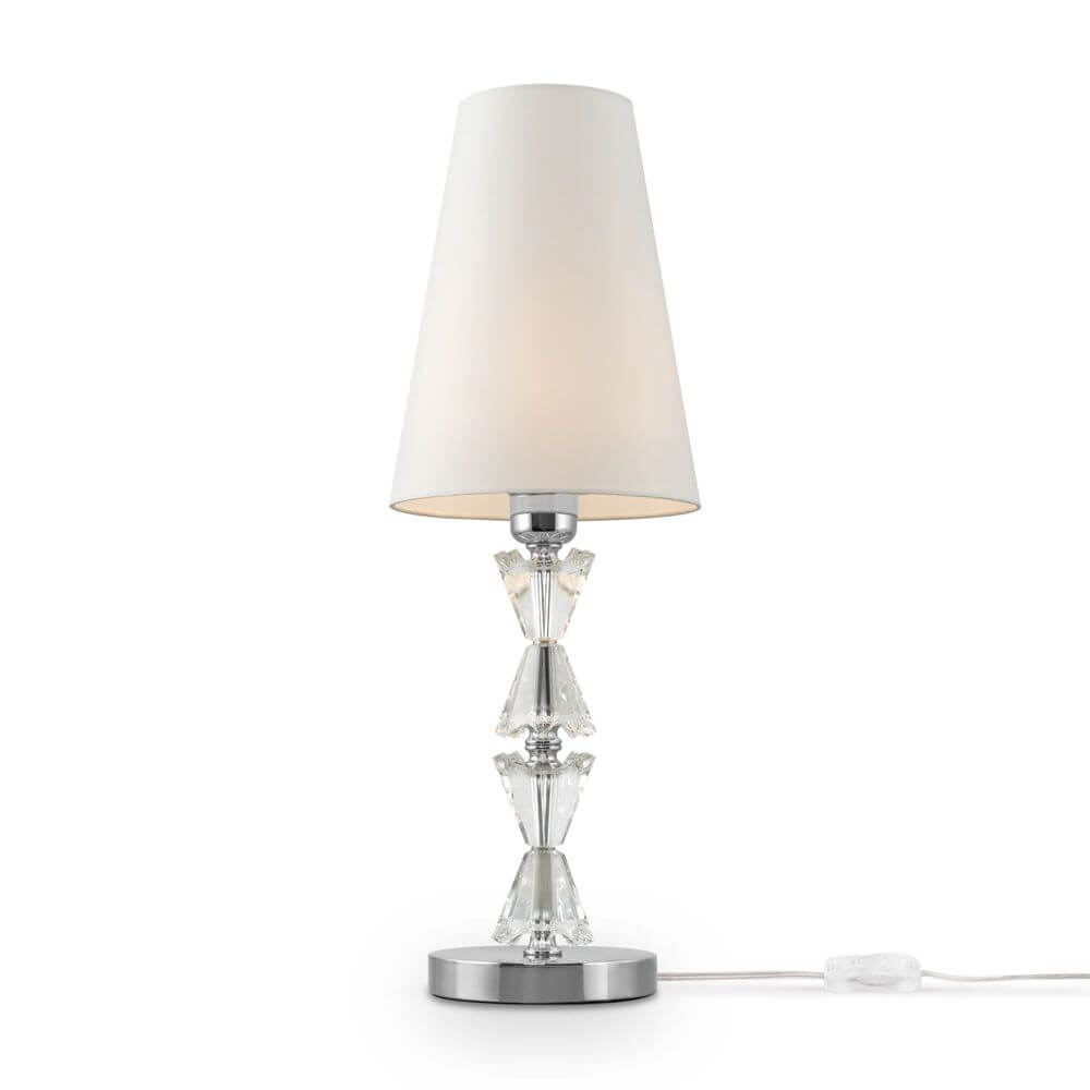 Florero Tischlampe Big mit transparentem Fuß und schickem weißen Lampenschirm, ideal für moderne Wohnräume.