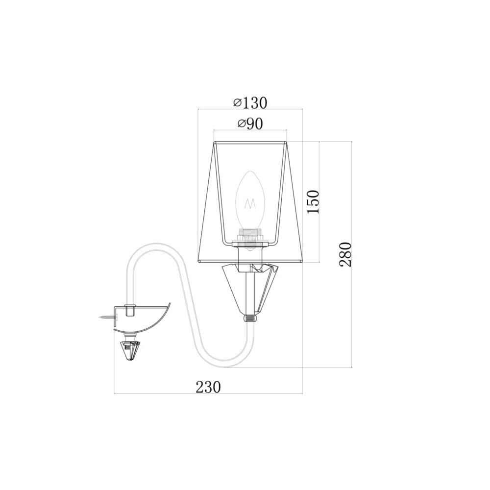 Technische Zeichnung der Florero Wandlampe mit Maßen und Designmerkmalen.