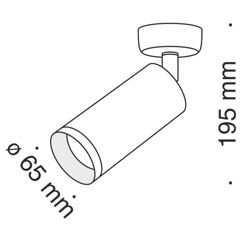 Focus Einbau-Deckenspot 80° mit pulverbeschichtetem Aluminium-Korpus, verstellbar, Maße: Ø 65 mm, 195 mm lang.